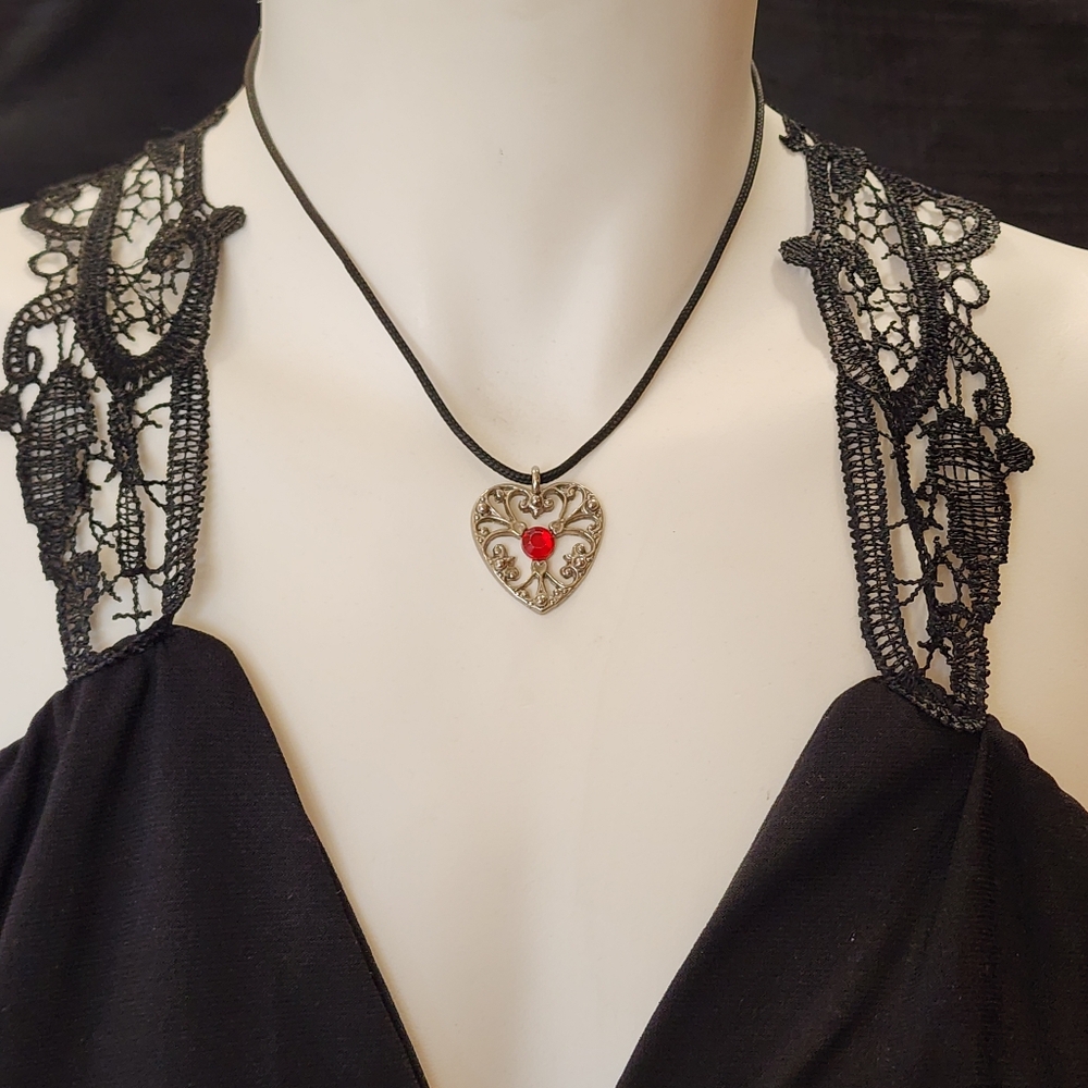 Silver Toned Heart Pendant Choker Necklace with Red Accent